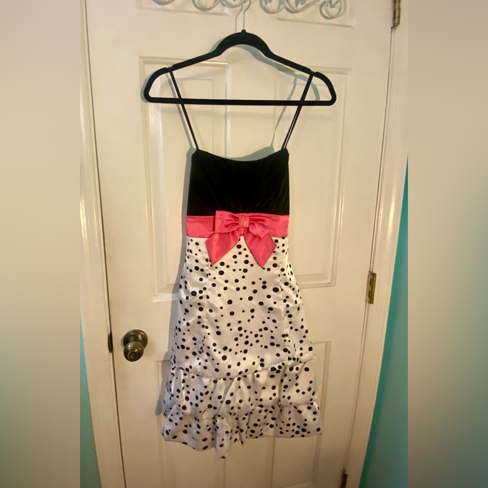 Taboo Black and White Polka Dot Prom Formal Elegant Cruise Dress with Pink Bow